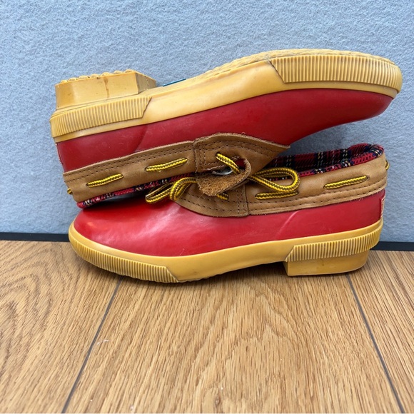 Lands' End Duck Boots Low Red & Tan Leather Fur Flannel Lining Womens Size7 M - Picture 8 of 8